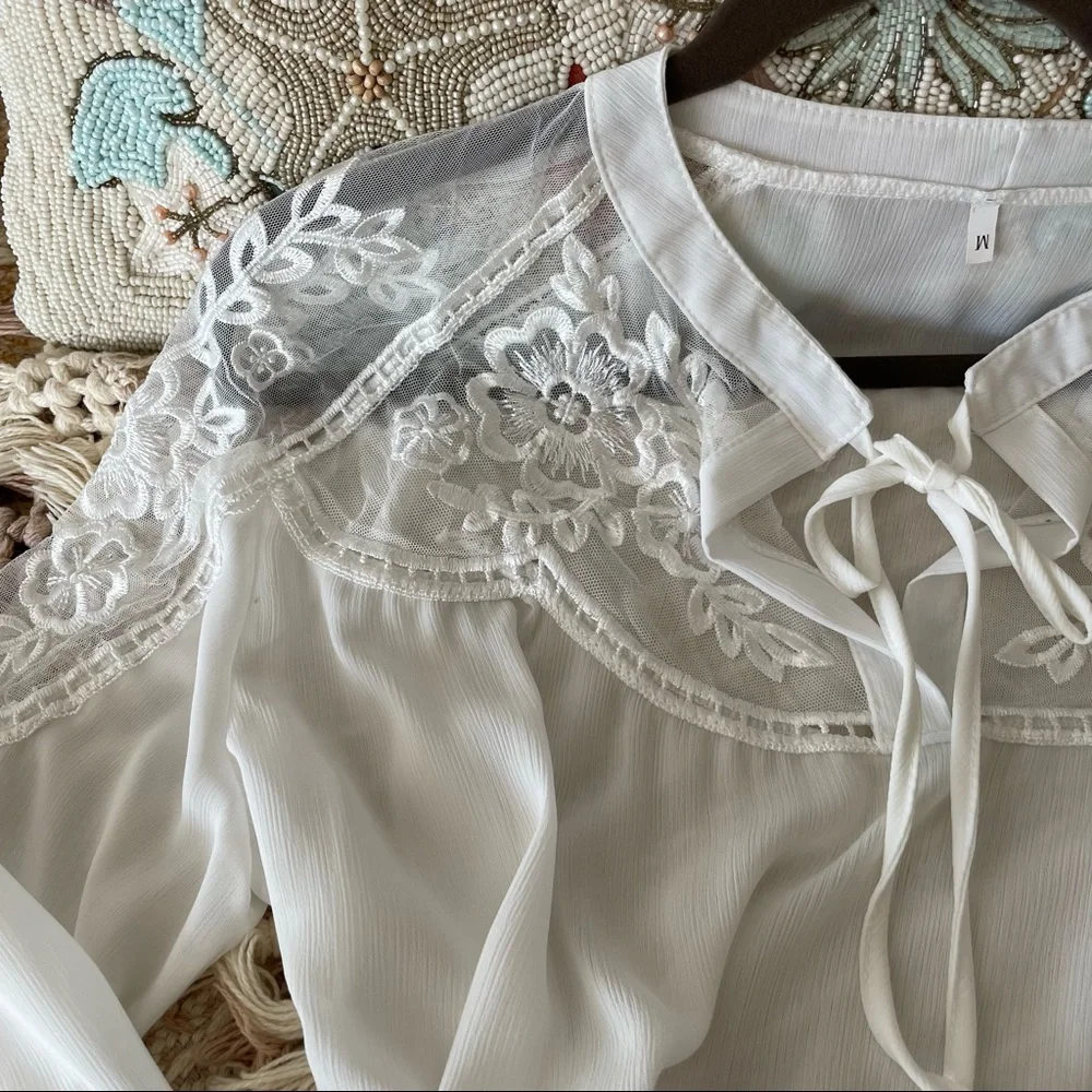 Sheer Bell Sleeve V-neck Tie Blouse - Picture 3 of 7